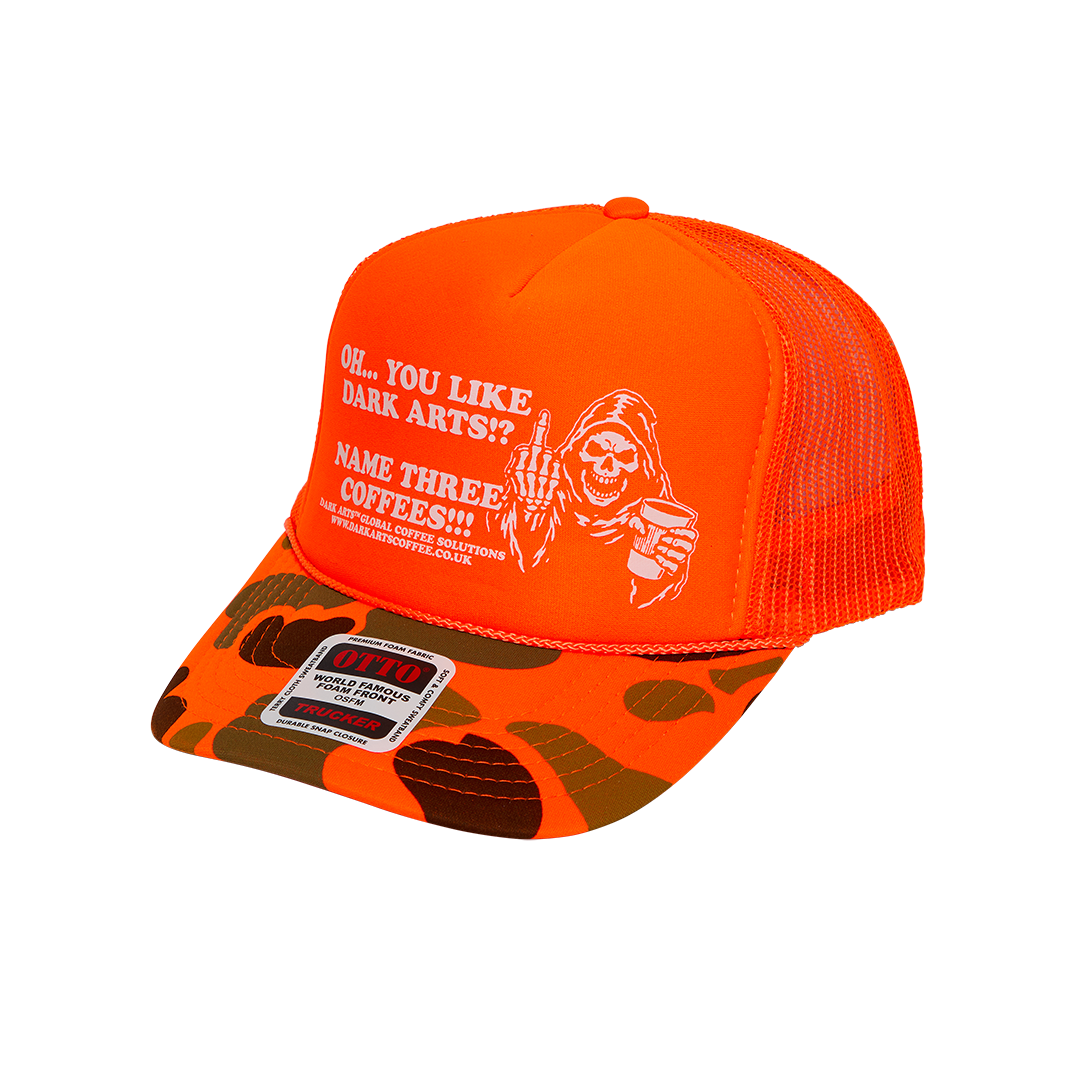 NAME THREE TRUCKER CAP - Orange / Camo
