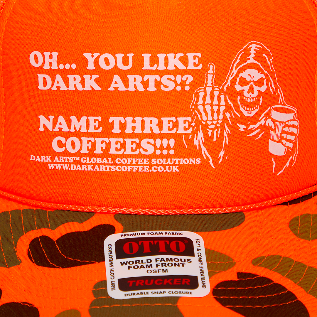 NAME THREE TRUCKER CAP - Orange / Camo