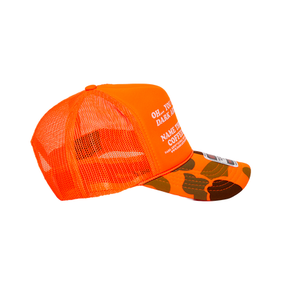 NAME THREE TRUCKER CAP - Orange / Camo